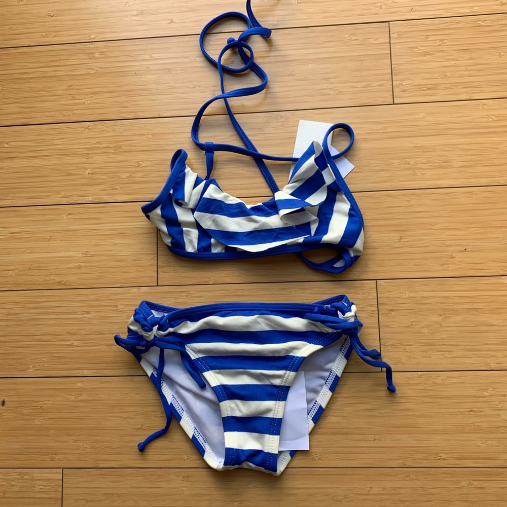 Blue and White Striped Kids Bikini